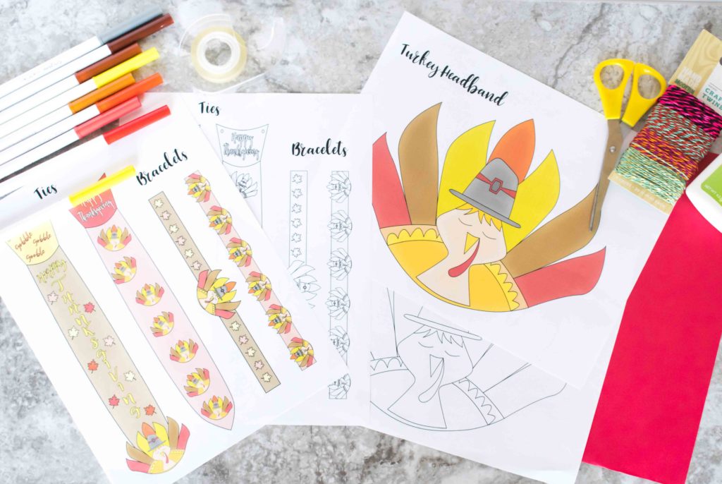 Marker, scissors, and three worksheet printables to make Turkey Headband, Ties and Bracelets. 