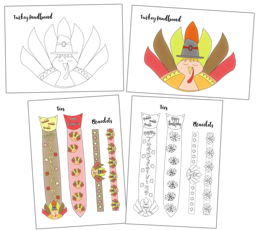 turkey headband, ties and bracelet printables