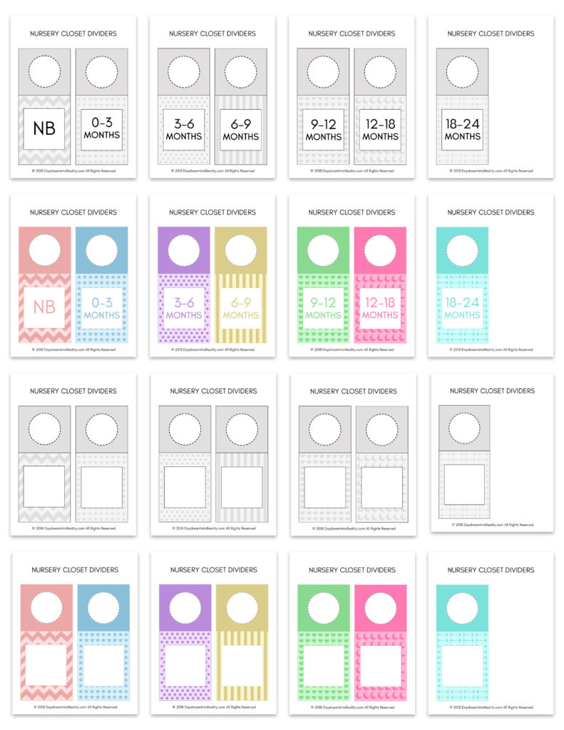 Different closet dividers to use in baby's closet. In color, black and white, with and without letter.