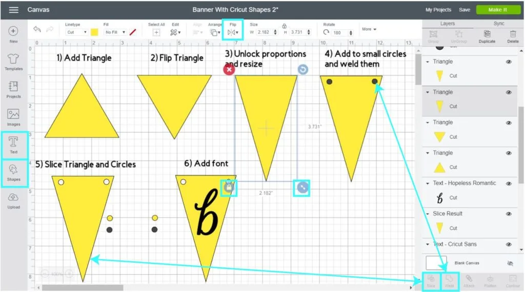 Screenshot Cricut Design Space: step by step tutorial of making a banner with shapes