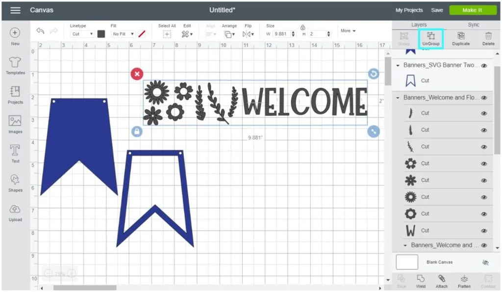 Screenshot Cricut Design Space: Ungroup each SVG file