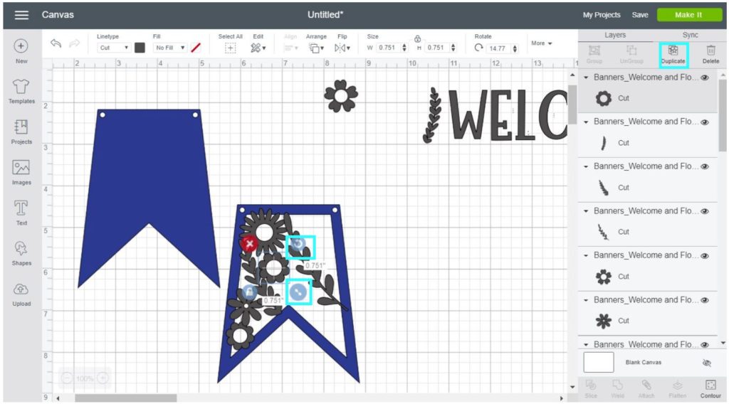 Screenshot Cricut Design Space: Overlap each flower and branch with the hollow banner