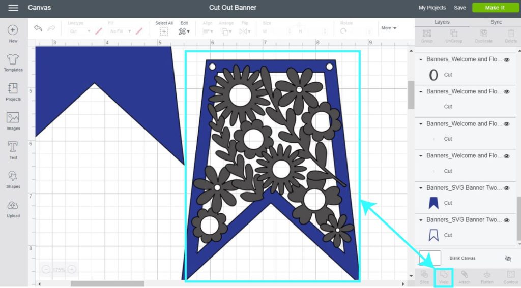 Screenshot Cricut Design Space: weld flowers with banner