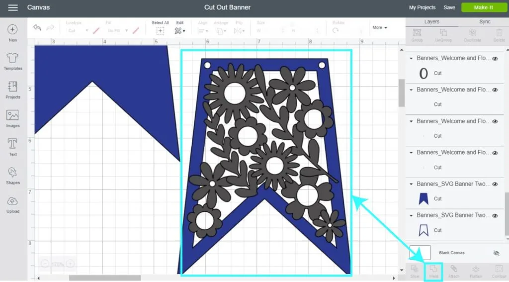 Screenshot Cricut Design Space: weld flowers with banner