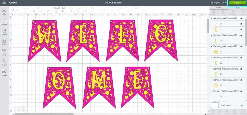 Screenshot Cricut Design Space: Final look of the banner before cutting it