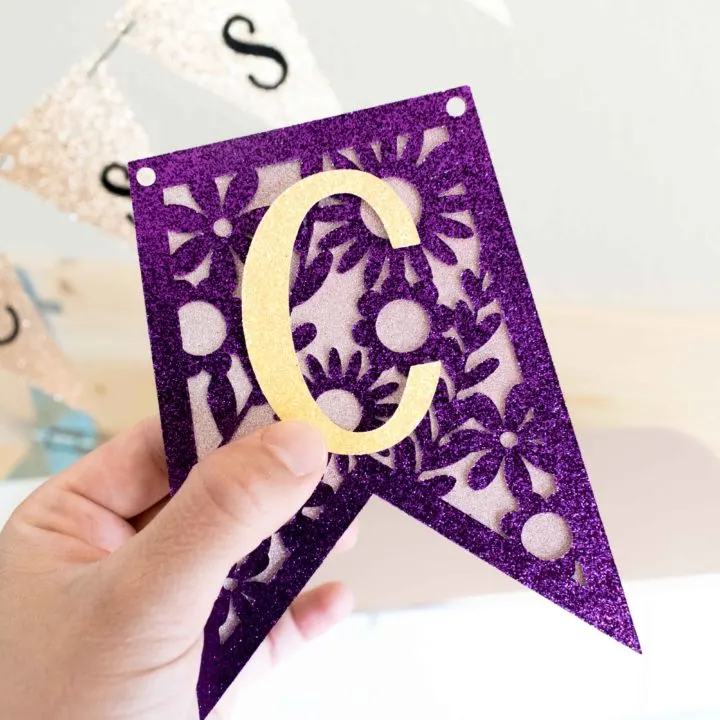 Holding a beautiful purple cut out banner made with Cricut