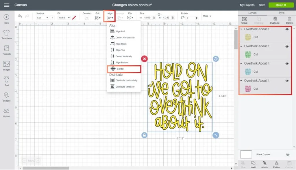 Using align center in Cricut Design Space to change colors with the contour tool