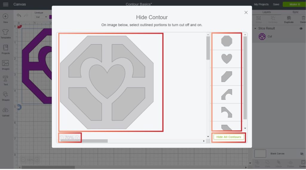 Screenshot of the contour window in Cricut Design Space