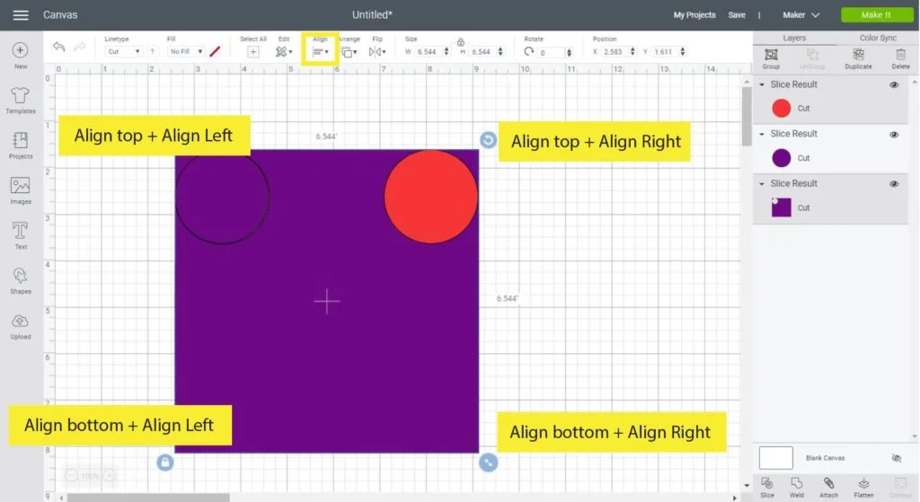 Aligning and slicing circles in a square to make rounded corners.