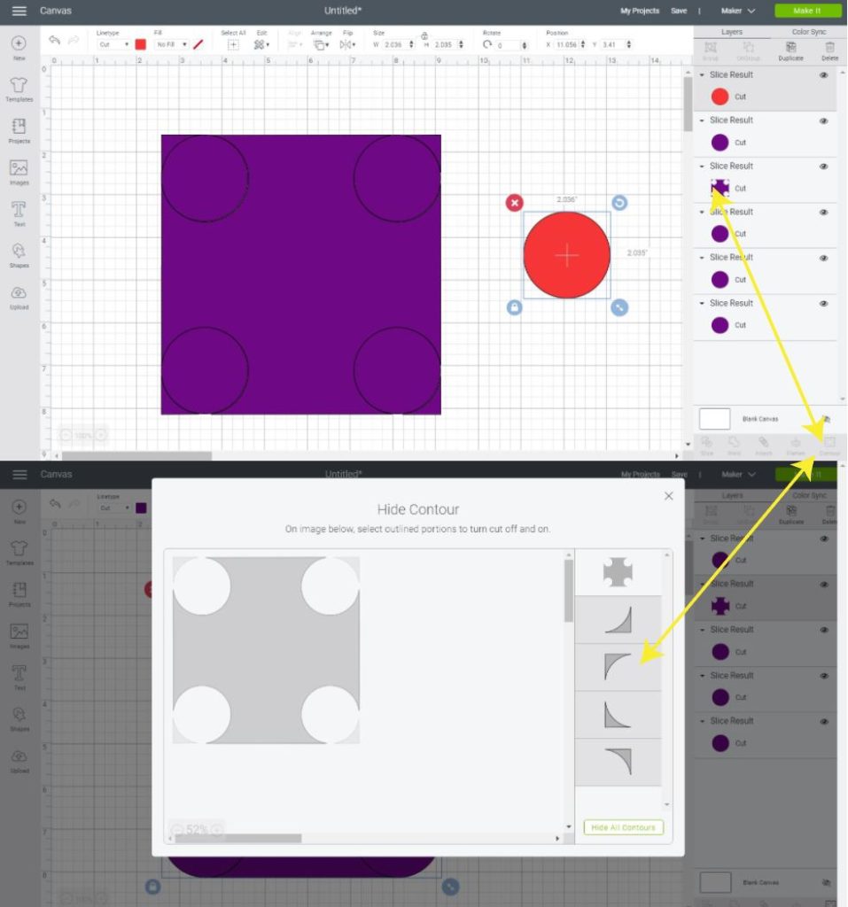 Final result of slicing circles in 4 corners of a square - Cricut Design Space 