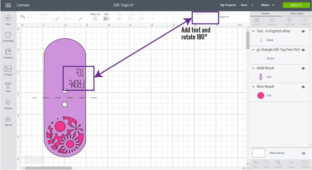 add text to tag and rotate it in Cricut Design Space