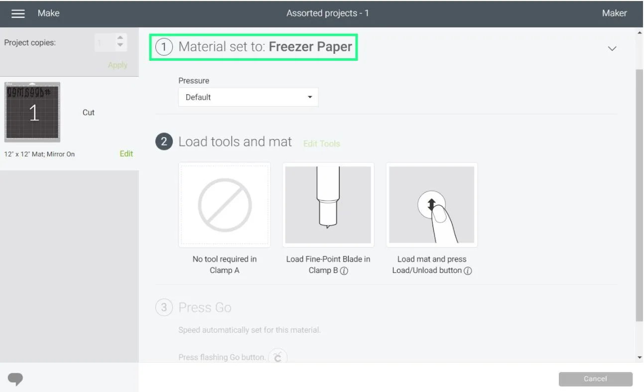 freezer paper setting in Cricut Design Space using carrier sheets.