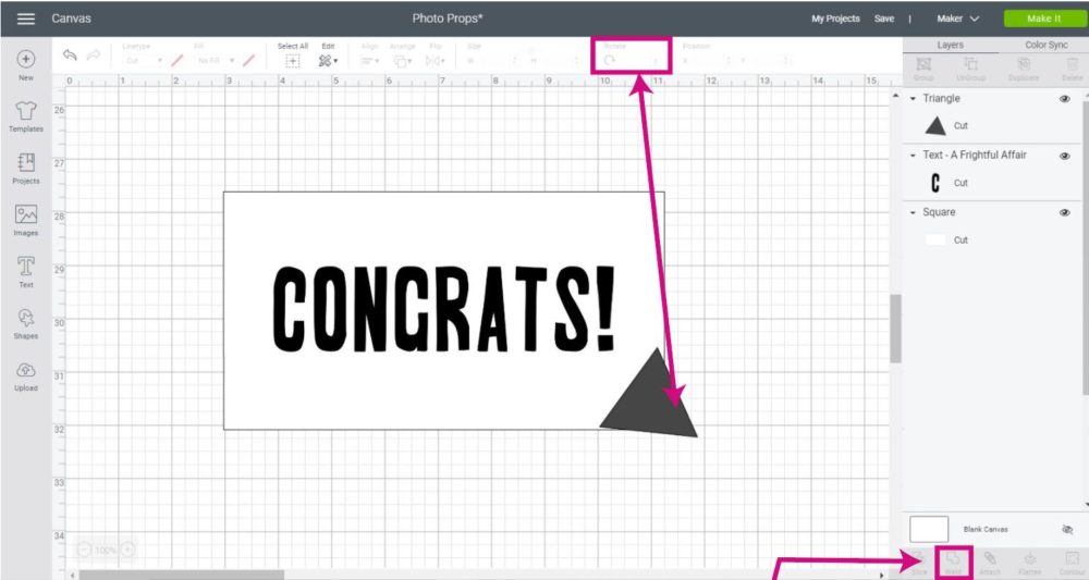 rotating a triangle in Cricut Design Space and placing on top of a rectangle