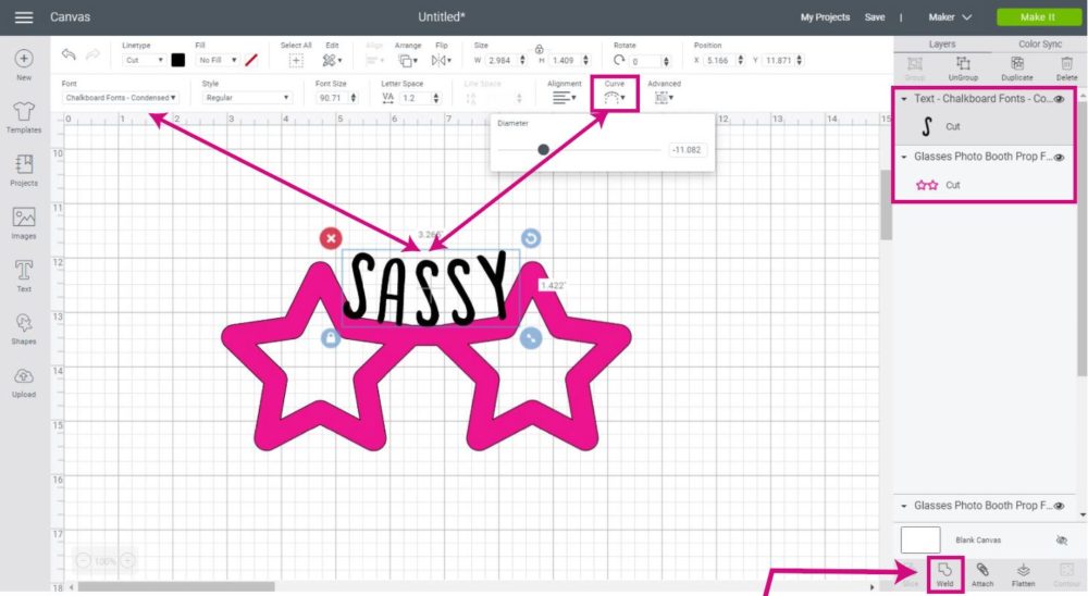 changing font style and curving text in Cricut Design Space to photo prop.