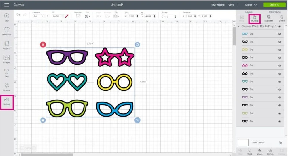 Glasses SVG files in Cricut Canvas Area