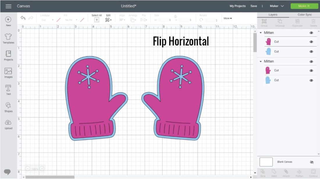 Left and Right Mitten in Cricut Design Space.