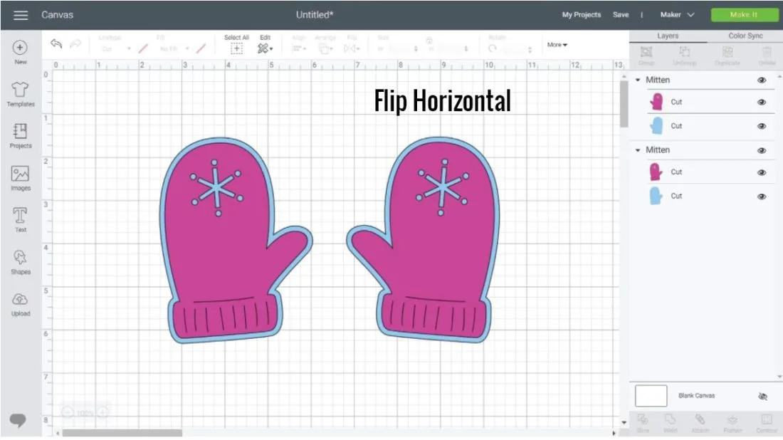 Left and Right Mitten in Cricut Design Space.