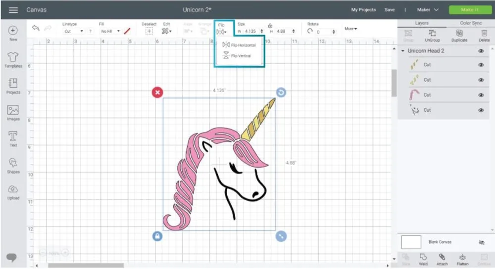 Location of Flip setting in Cricut Design Space Desktop.