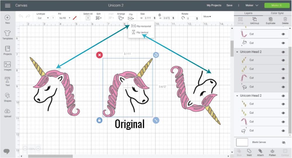 Example of flip vertical and horizontally in Cricut Design Space