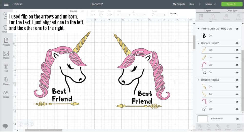 Unicorn Best friend design looking at each other using "FLIP" in Cricut Design Space.