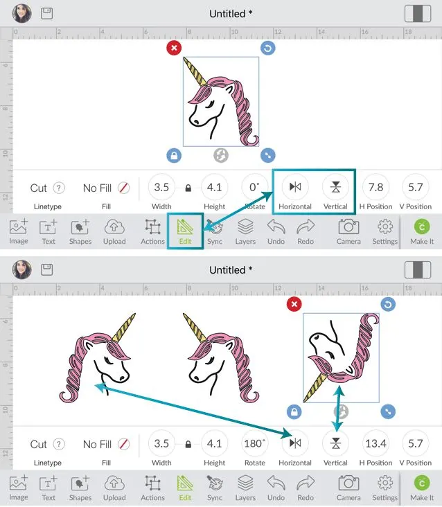 Location of Flip in Cricut Design Space App.