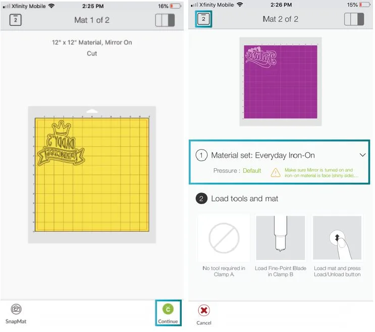 setting material in Cricut's app and checking warning when using Iron-On.