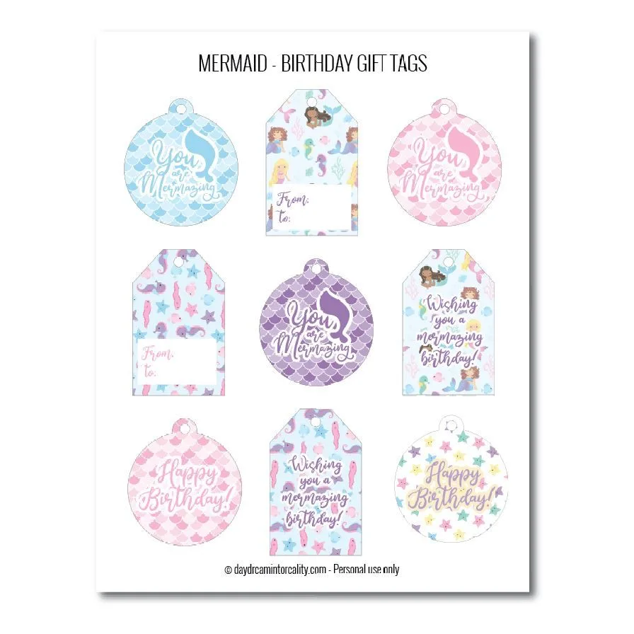 Mermaid birthday gift tags free printables 