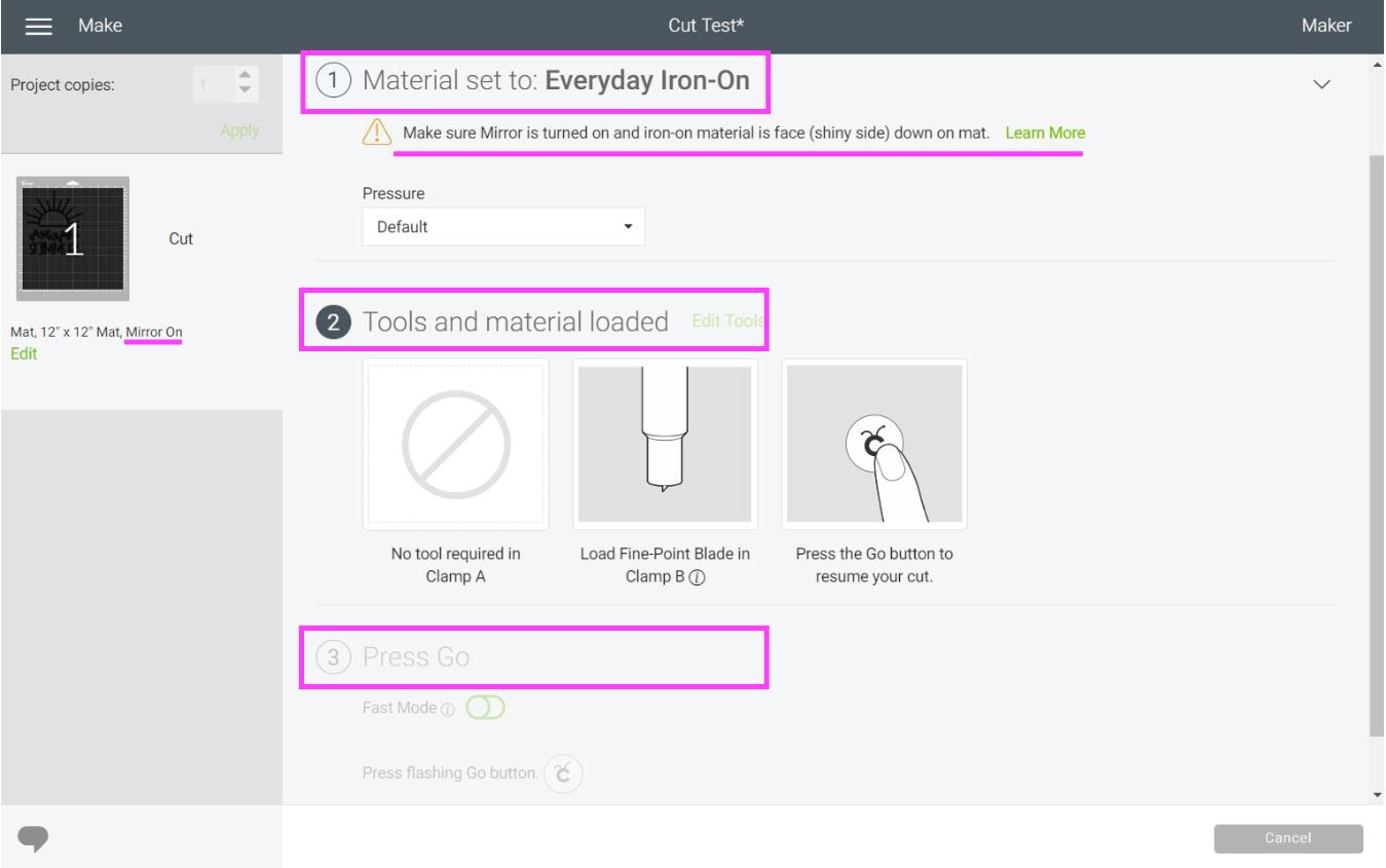 Selecting Iron-On material in Cricut Design Space