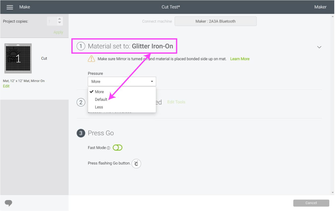 Setting pressure to "More" in Cricut Design Space 