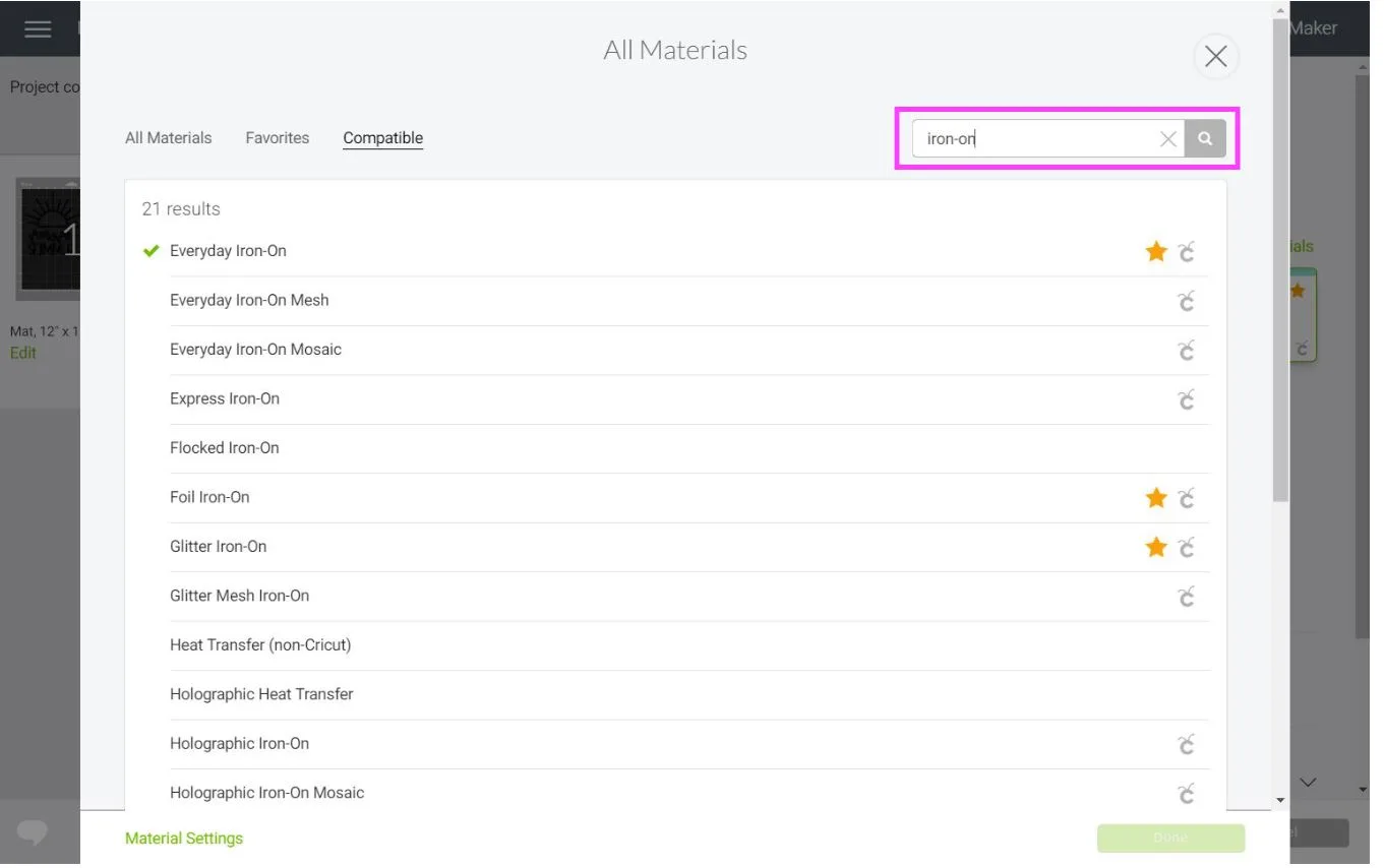 Browsing different types of Iron-On in Cricut Design Space