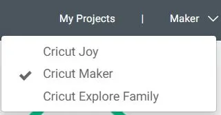 Machine drop down menu Cricut Design Space.