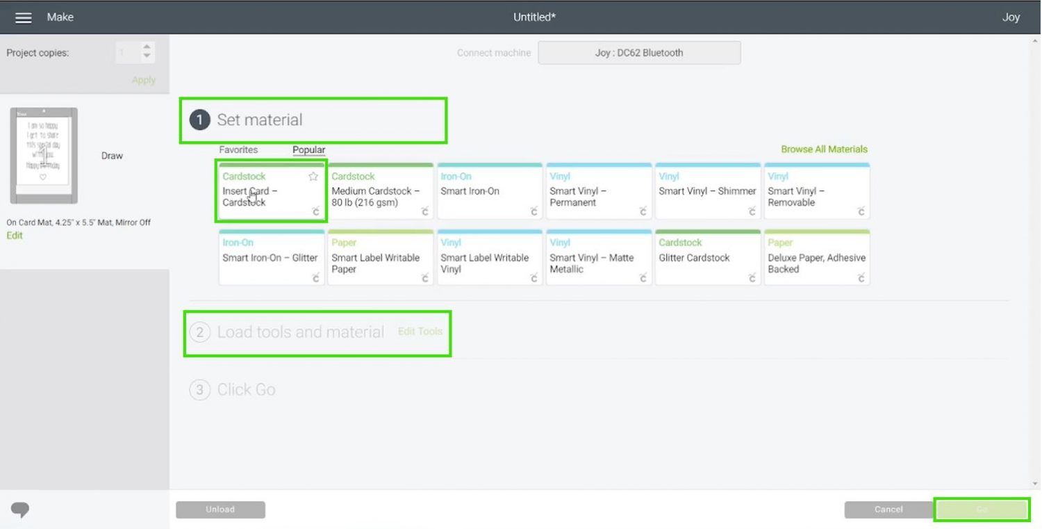 selecting materials for Cricut Joy