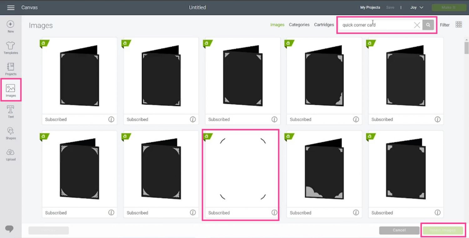 adding an insert corner cut card image to cricut design space