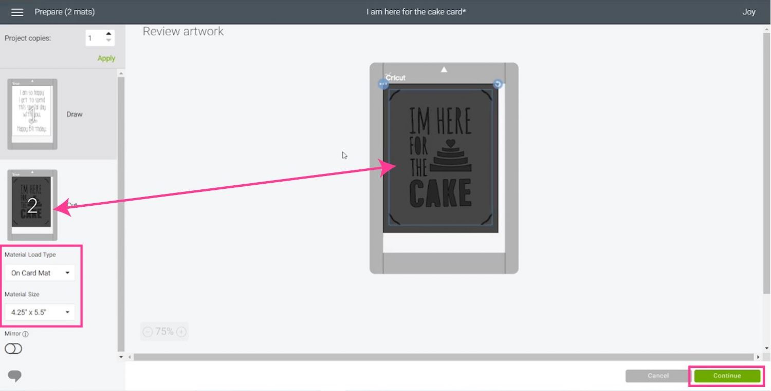 selecting size and centering images and material size in Design Space