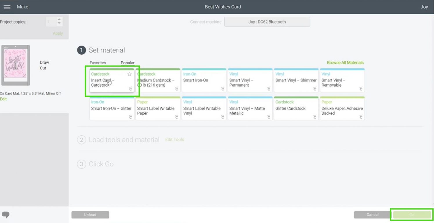 select materials for cricut card made with cricut joy