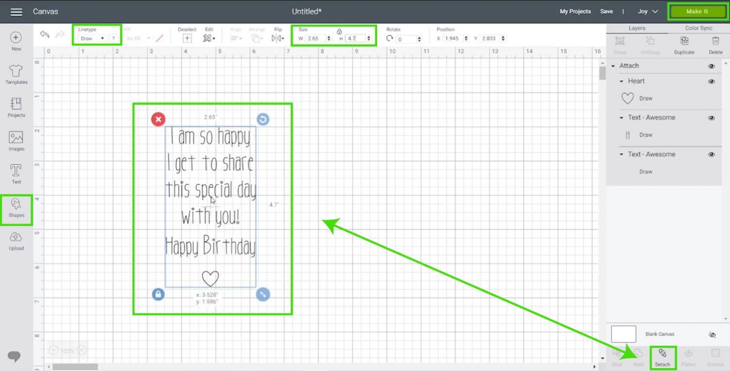 attaching text and heart in Cricut Design Space