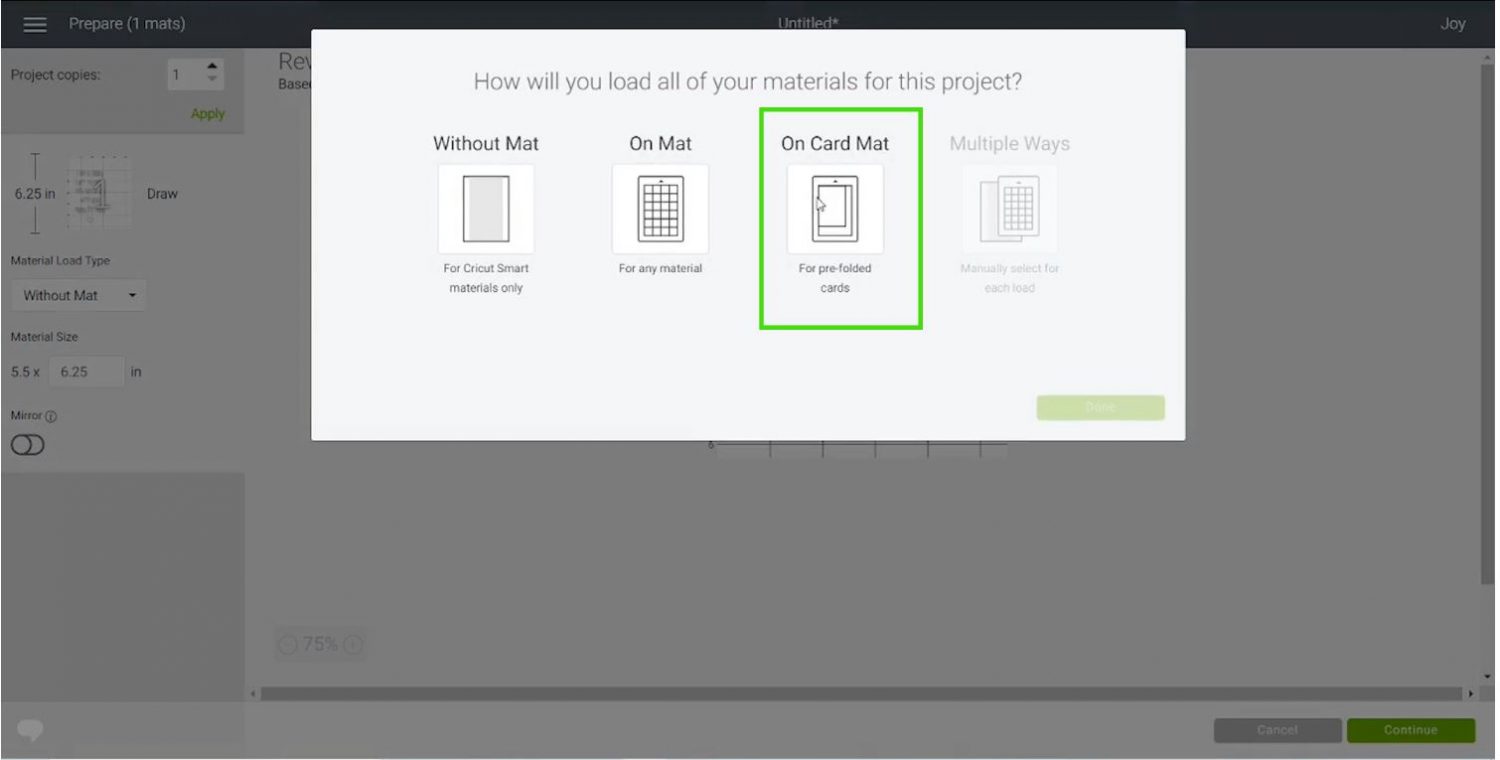 Choosing Card Mat in Cricut Design Space