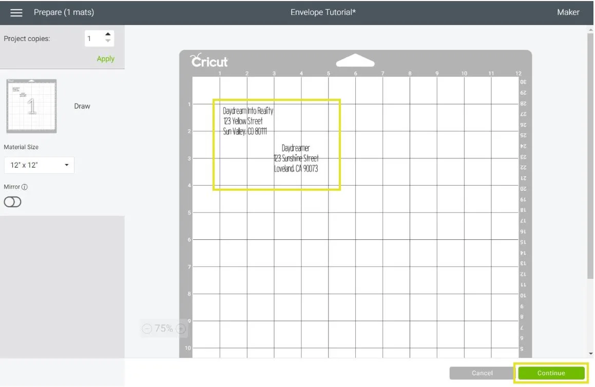 mat preview of text in Cricut Design Space