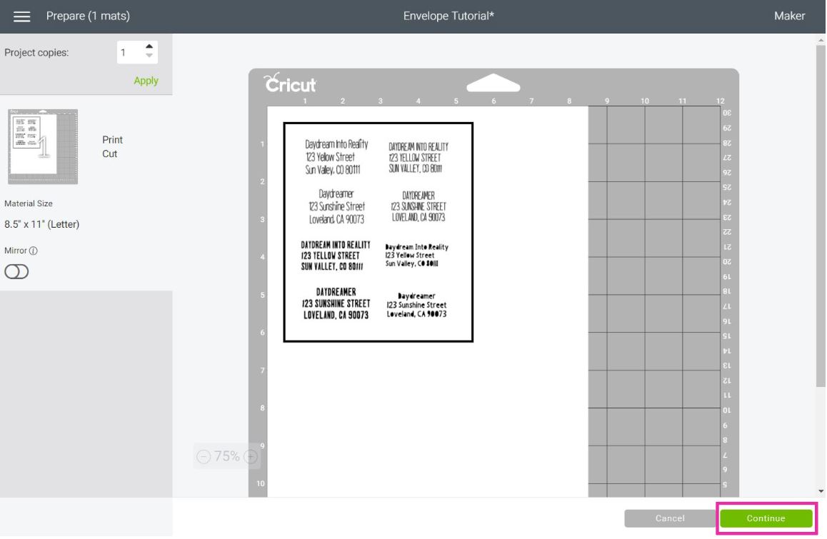 print then cut mat preview of envelope labels