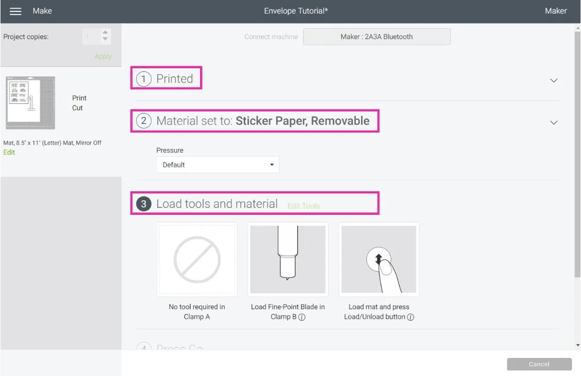 selecting envelope material for print then cut labels in Cricut Design Space