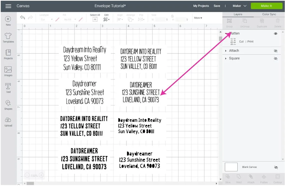 flattened envelope labels in Cricut Design Space