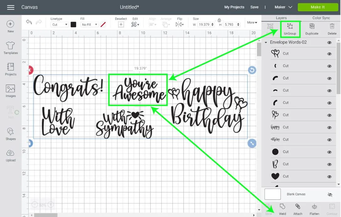 welding and organizing expressions in Cricut Design Space