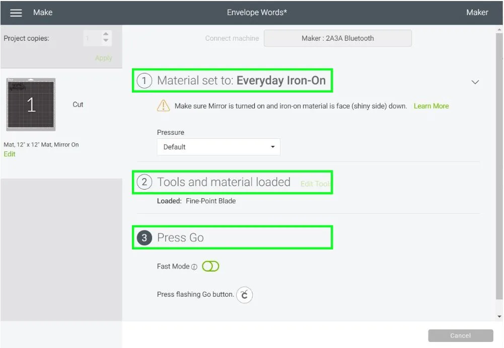 selecting iron-on in Cricut Design Space