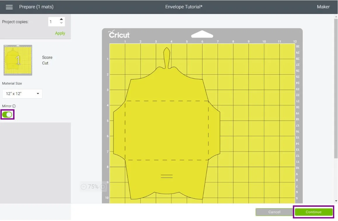 mat preview of envelope in Cricut Design Space