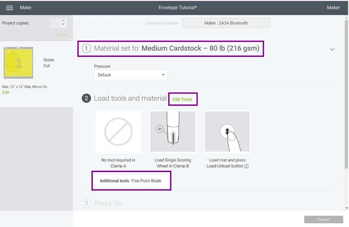 selecting materials, editing tools in Cricut Design Space