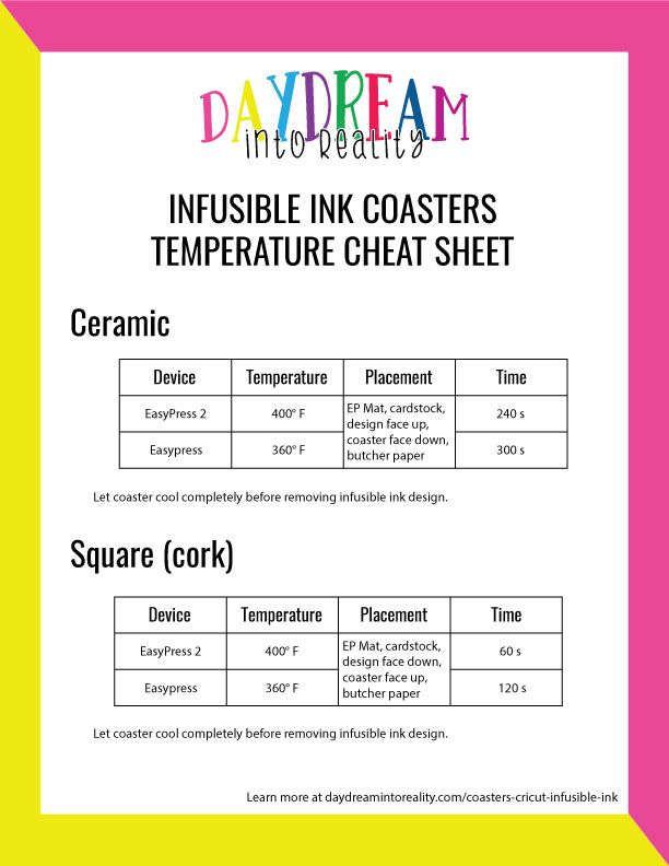 infusible ink coasters temperature info graphic.