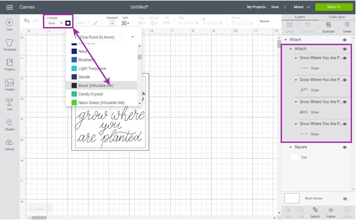 selecting cricut infusible ink pen in cricut design space