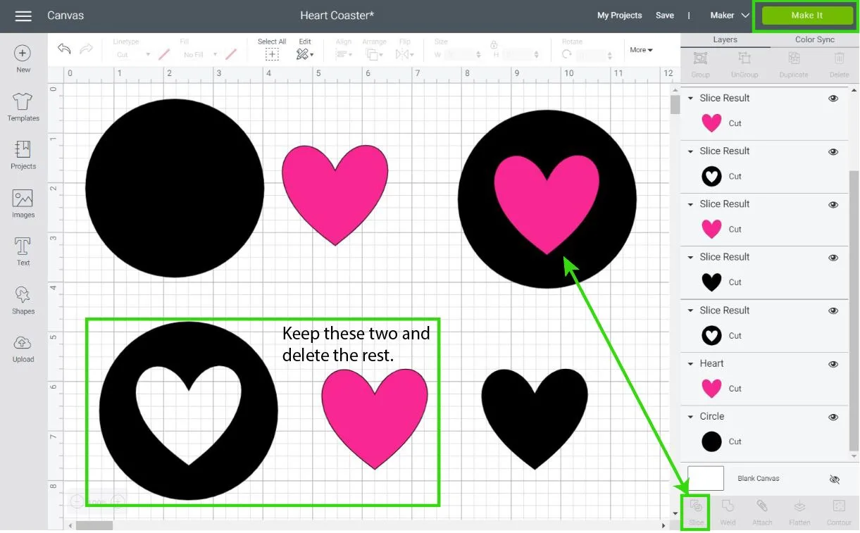 slice and set method in cricut design space for coasters