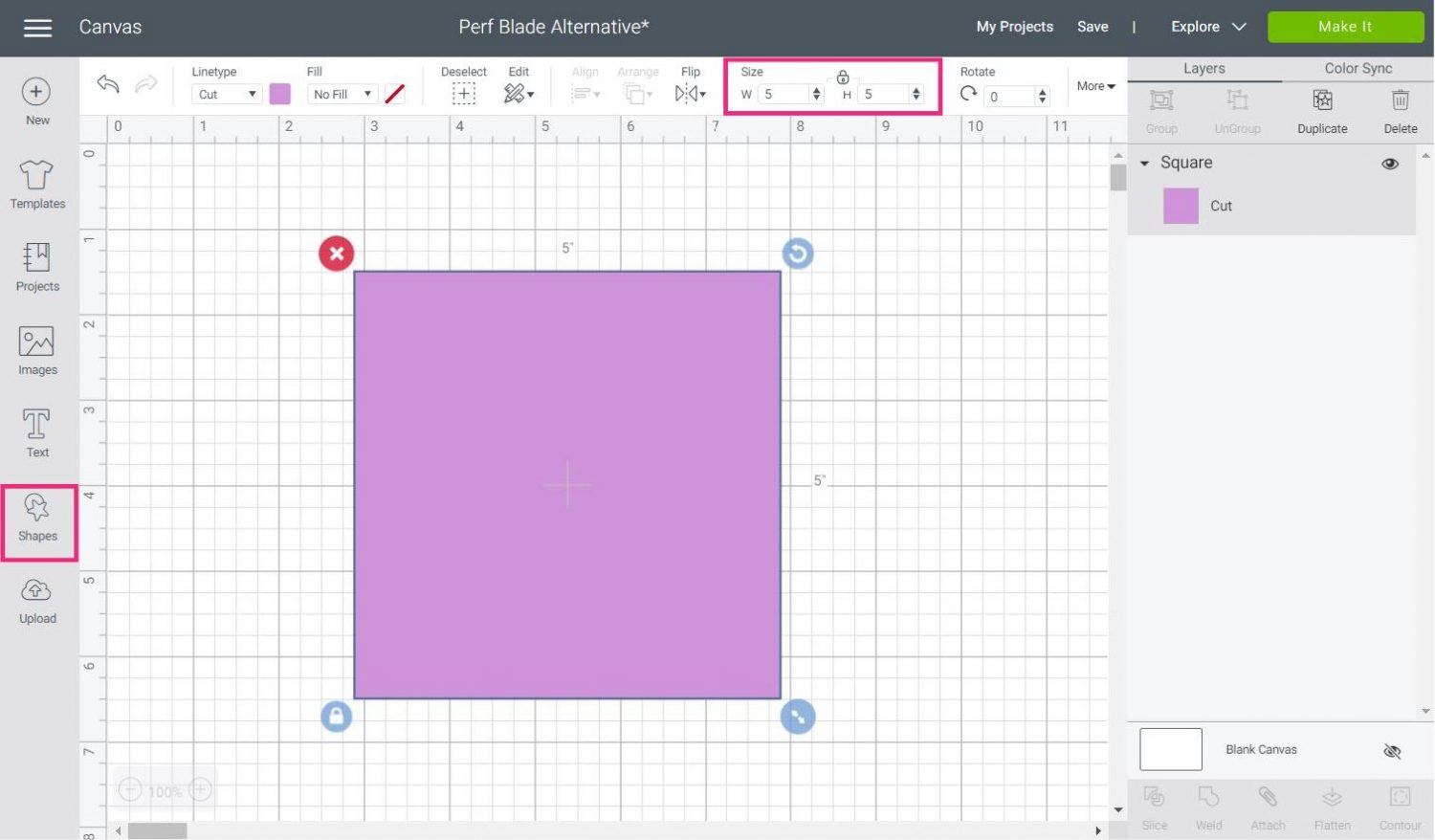 square in Cricut Design Space