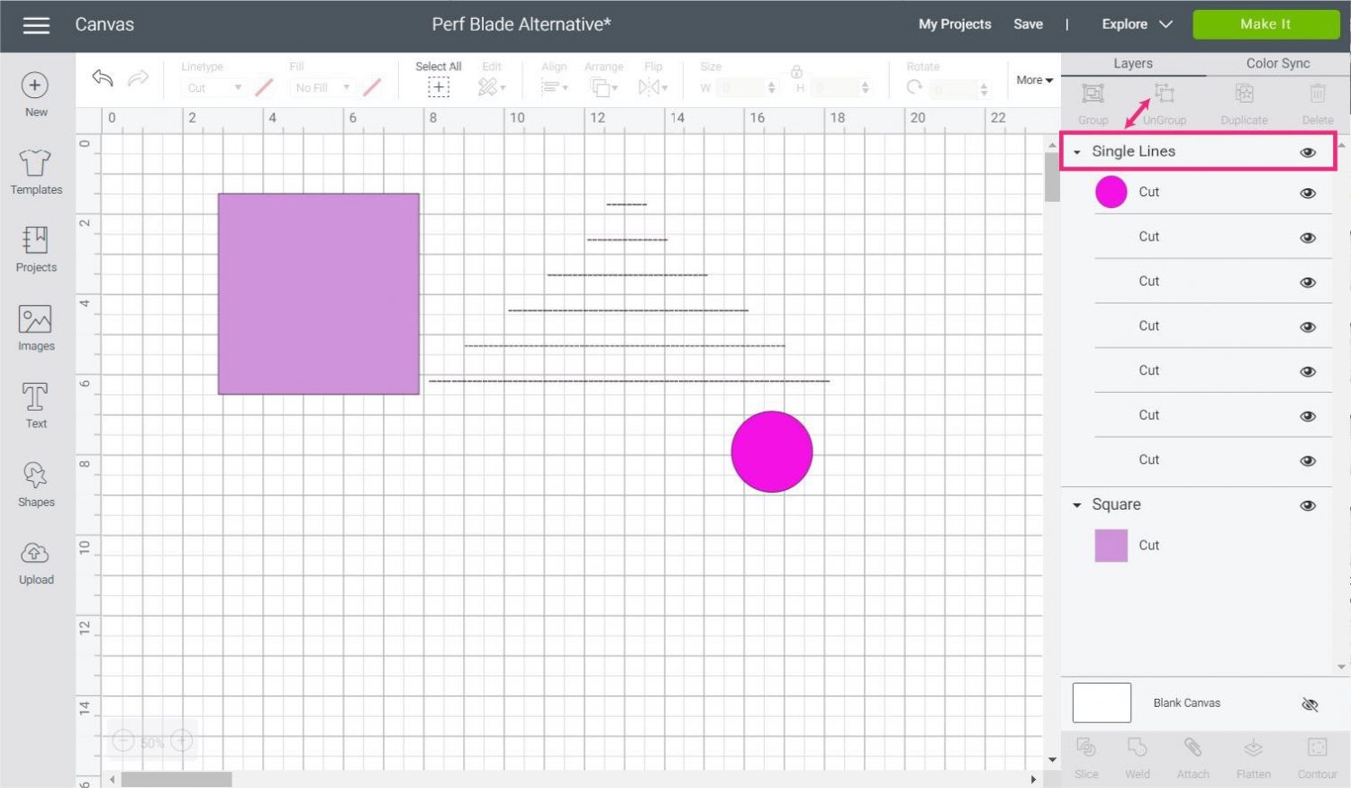 ungrouping perforation lines in Cricut Design Space